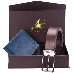 Hornbull Men's Navy Wallet and Brown Belt Combo