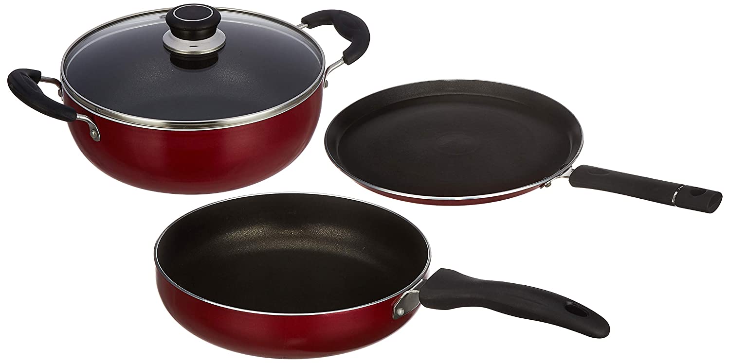 Amazon Brand – Solimo 3-Piece Non-Stick Cookware Set (Red)