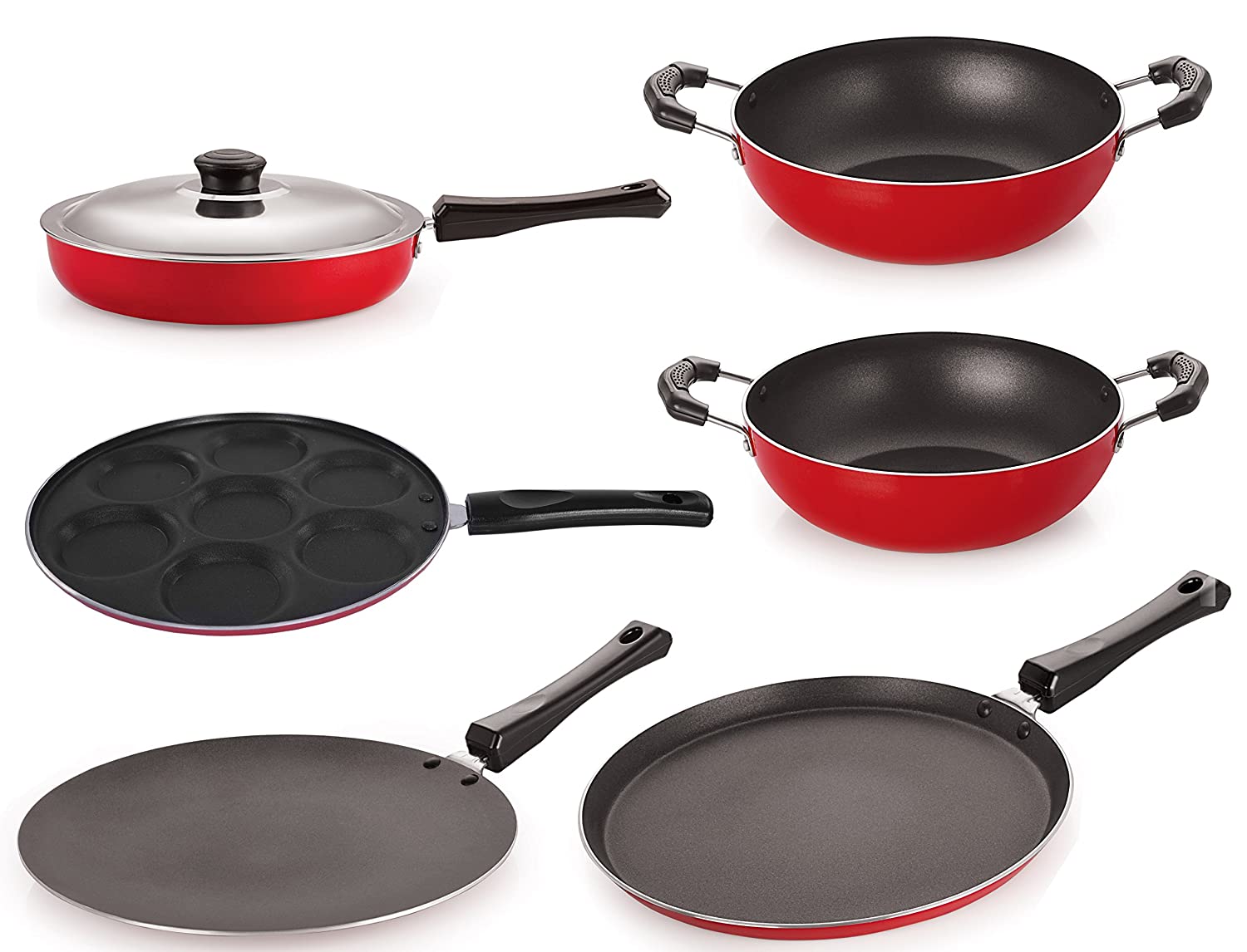 Nirlon Gas Compatible 6-Pieces Non-Stick Aluminium Cookware Set (Red/Black)