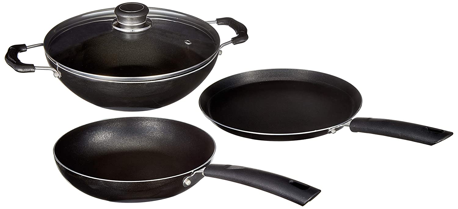 Amazon Brand – Solimo 3-Piece Non-Stick Cookware Set (Black)