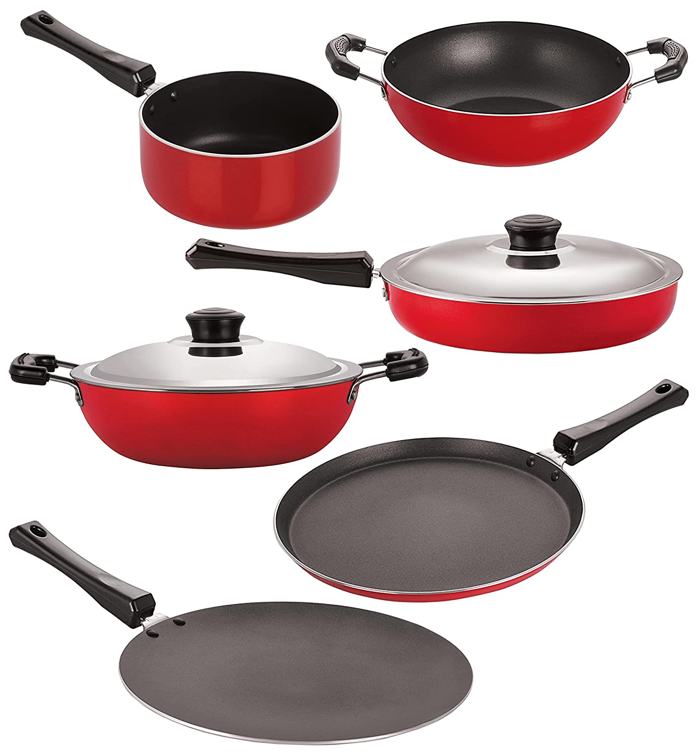 Nirlon Gas Compatible 6-Pieces Non-Stick Aluminium Cookware Set (Red/Black)